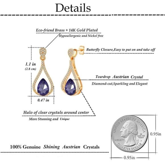 14K Yellow Gold with Purple Tanzanite Austrian Crystal Halo Teardrop Earrings - Picture 5 of 5